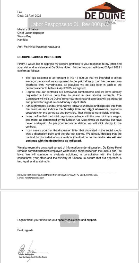 Letter from De Duine management. 